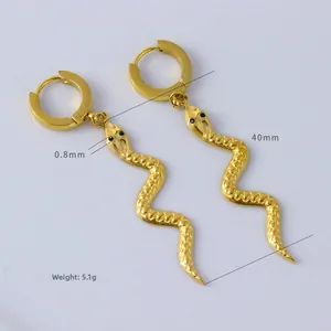 Detail of gold snake earrings showing textured scales and 40mm length measurements