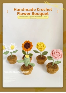 Row of handmade crochet potted plants with sunflowers, roses, and cacti decorations