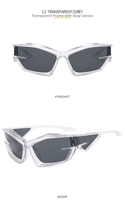 Front and side view of futuristic Y2K sunglasses with transparent frame and grey lenses