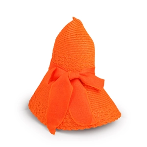 Close-up of bright orange straw sun hat featuring a large decorative fabric bow detail