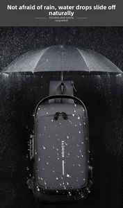 Close-up of waterproof fabric on crossbody bag showing water droplets and USB port