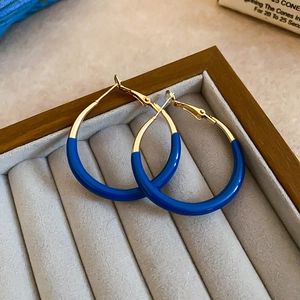 Detailed close-up of golden hoop earrings with Klein blue enamel in a velvet jewelry box
