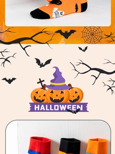 Detail view of festive Halloween cotton crew socks featuring pumpkin and bat patterns