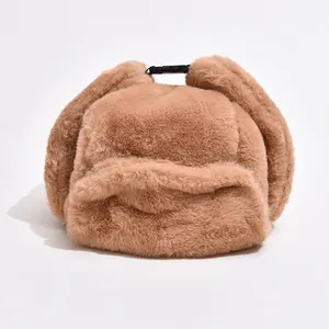 Thick plush warm aviator hat with ear flaps and buckle closure in light brown