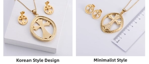 Detail view of gold titanium cross necklace and earrings with size measurements on a ruler