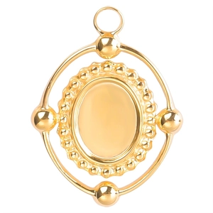 Gold plated stainless steel oval pendant with beaded edge on a clean white background