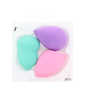 Detailed view of 3pcs multi-shape non-latex makeup sponges in pastel colors packaging