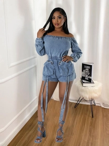 Sexy light blue denim romper for women featuring off-shoulder sleeves and elastic waist