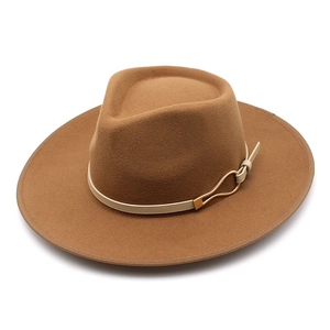Classic camel wide brim fedora hat with beige leather band and golden buckle detail