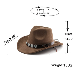 Detail view of brown western cowboy hat with size specs, 7cm brim, and 12cm height