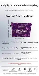 Detailed view of purple butterfly linen cosmetic bag with dimensions and material specs