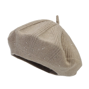 Women's camel knit beret with sparkling silver sequins and ribbed wool blend texture