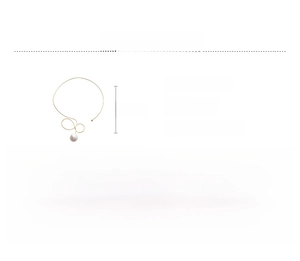 Detailed view of irregular metal collar necklace with pearl drop and dimensions