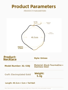 Detailed product dimensions for black spinel beaded necklace with stainless steel gold chain