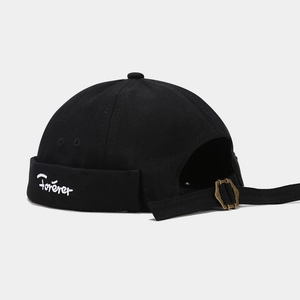 Black cotton canvas Miki hat with white Forever embroidery and adjustable metal buckle