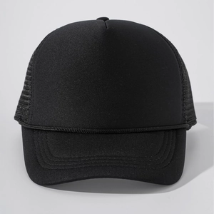 Classic black trucker hat with mesh back and braided rope detail on a solid plain visor