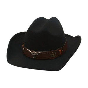 Classic black felt western cowboy hat with brown leather band and silver bull head emblem