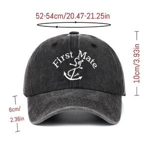 Washed denim baseball cap for kids with First Mate anchor embroidery and size chart