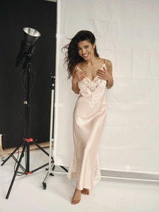 Elegant champagne pink satin slip dress with white lace V-neck trim for summer home wear