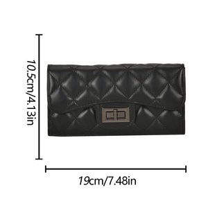 Quilted women's long wallet with turn-lock clasp shown with 19cm by 10.5cm dimensions
