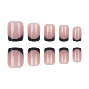 French press-on nails with short square shape in pink base and black tips, 10 piece set