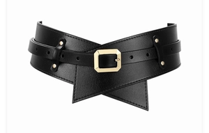 Detail of a black leather corset belt featuring a gold square buckle and rivet accents