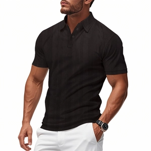 Zwart jacquard poloshirt voor heren met textuurgebreide stof en reverskraag slim fit