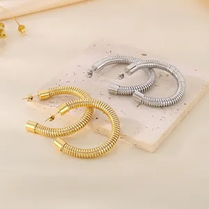 Stainless Steel C-Shape Hoop Earrings Threaded Spring Texture Open Geometric Fashion Statement Jewelry For Women