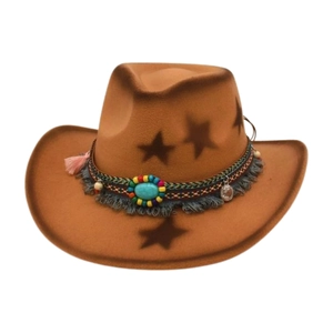 Chapeau de cowboy en feutre marron avec pierres turquoise et ruban perlé ethnique