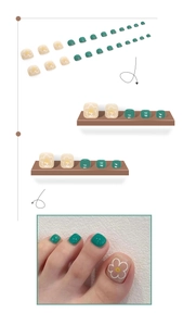Detail view of 24pcs dark green and daisy floral pattern press-on toe nail set