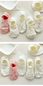 Detail of mesh cotton invisible socks with strawberry embroidery and diverse knit textures