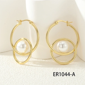 Elegant 18K gold-plated double-loop earrings with white pearls and zircon accents