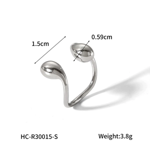 Detailed view of silver stainless steel open ring with teardrop ends and size specs