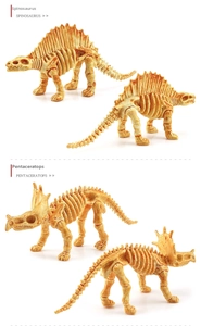Detail view of Spinosaurus and Pentaceratops skeleton models with fossil texture