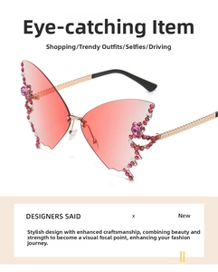 Detail of butterfly-shaped rimless sunglasses with pink gradient lenses and crystals
