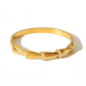 Fashionable gold bamboo joint bracelet with white cubic zirconia accents for women