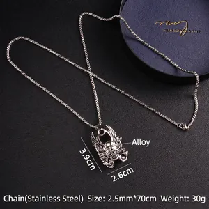 Punk angel wing skull necklace with stainless steel chain and alloy pendant