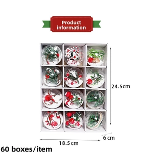 Detail view of 12 clear PET Christmas ornaments with snow and pine needles in a box