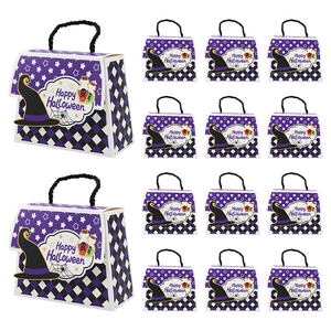 Purple Halloween candy gift boxes with Happy Halloween print and black checkered patterns