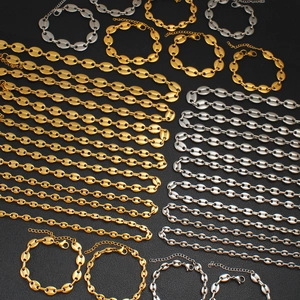 Polished gold and silver coffee bean mariner link chain necklace and bracelet jewelry set