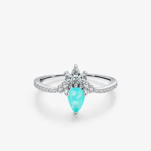 Bague En Argent Sterling 925 Design Couronne Taille Poire Couleur Paraiba Zircon Bijoux De Mode Cadeau Pour Femmes