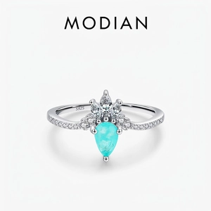 925 Sterling Silver Ring Crown Design Pear Cut Paraiba Color Zircon Sparkling Fashion Jewelry Gift For Women