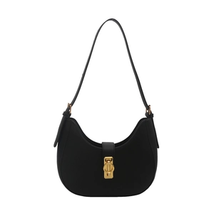 Minimalist black crescent underarm bag with gold metal buckle on a white background
