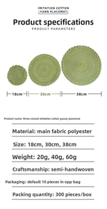 Detailed size chart for green braided polyester placemats with spiral woven texture