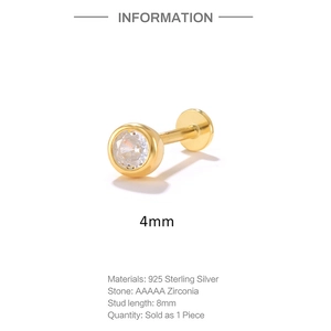 Detail view of 925 sterling silver 4mm round zirconia stud earring with 8mm flat back post