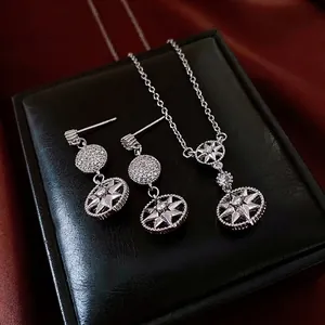 Collier Pendentif Rond Étoile Boussole Et Boucles Oreilles Pendantes Avec Silver Earring Post Bijoux Cuivre Zircon Femmes
