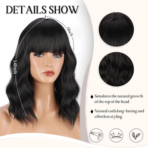 Natural black 14-inch water wave wig with bangs and realistic scalp for women