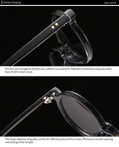 Detail of metal hinges and polished black frame on retro round sunglasses with silver rivets