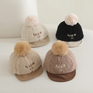 Casquette De Baseball Bébé Laine D'Agneau Velours Côtelé Bonnet D'Hiver Chaud Avec Pompon Broderie Sourire