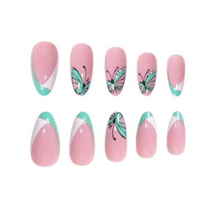 French almond press-on nails with green and white butterfly designs and silver glitter